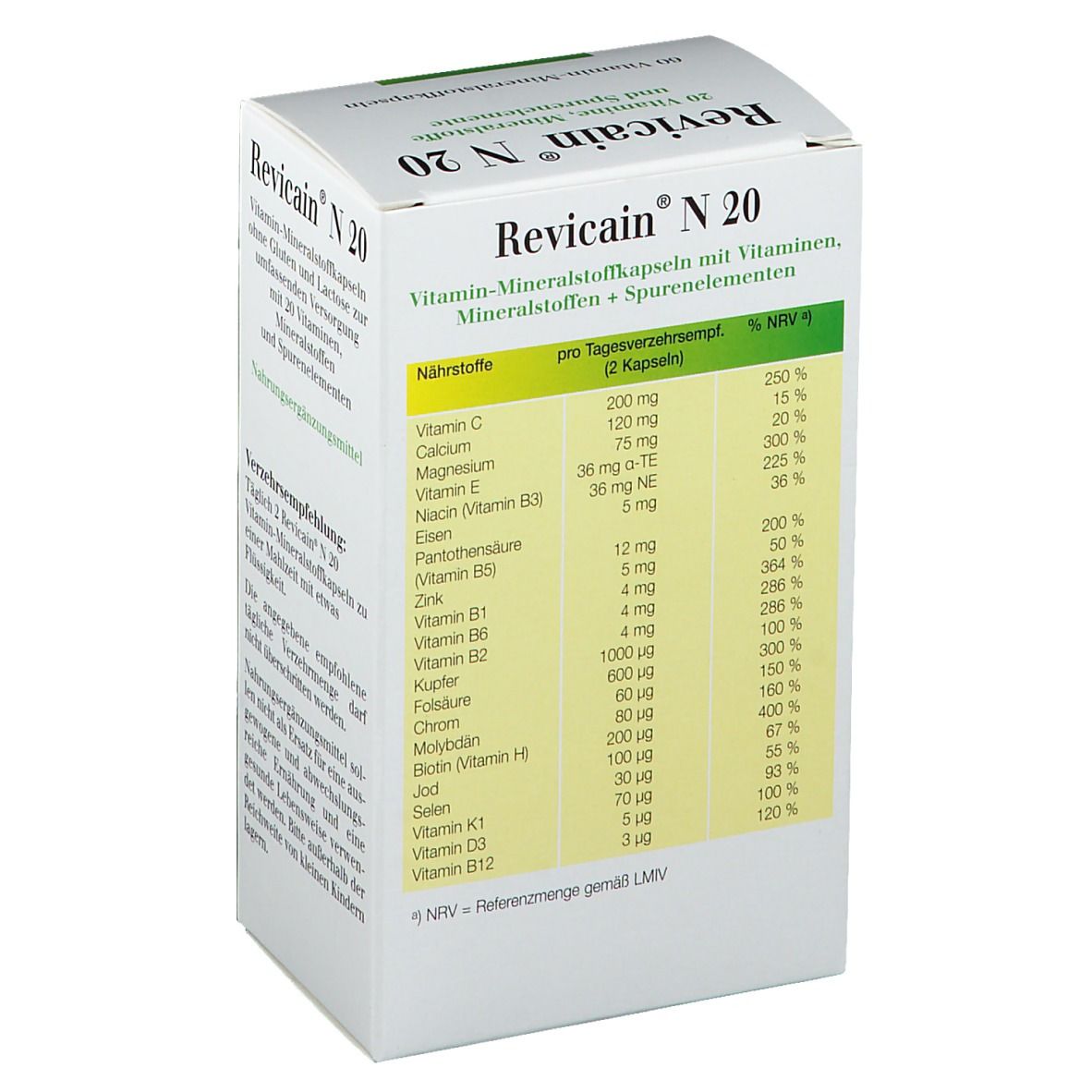 Rückseite der Schachtel "Revicain® N 20". Nährwerttabelle mit Vitaminen und Mineralstoffen. Prozentangaben.