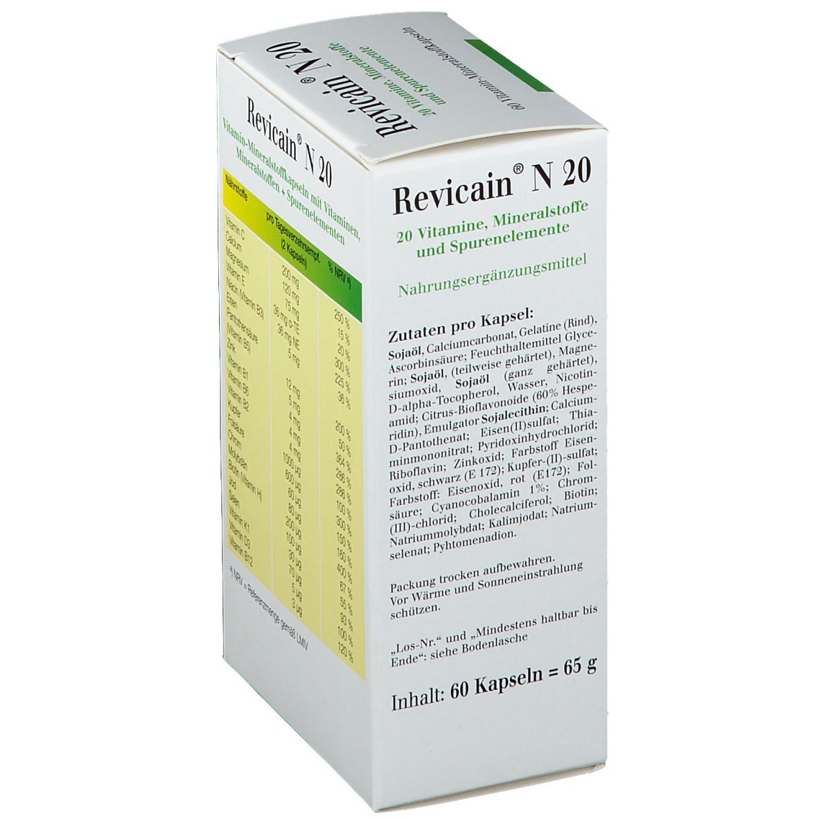 Schachtel "Revicain® N 20". Zutatenliste pro Kapsel. Enthält 60 Kapseln. Logo Wiedemann Pharma.