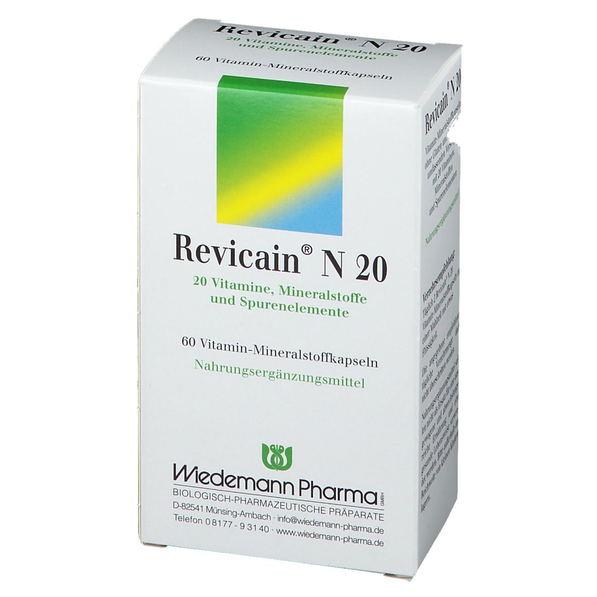 Weiße Schachtel mit "Revicain® N 20"-Aufdruck. Enthält 60 Vitamin-Mineralstoffkapseln. Logo von Wiedemann Pharma.