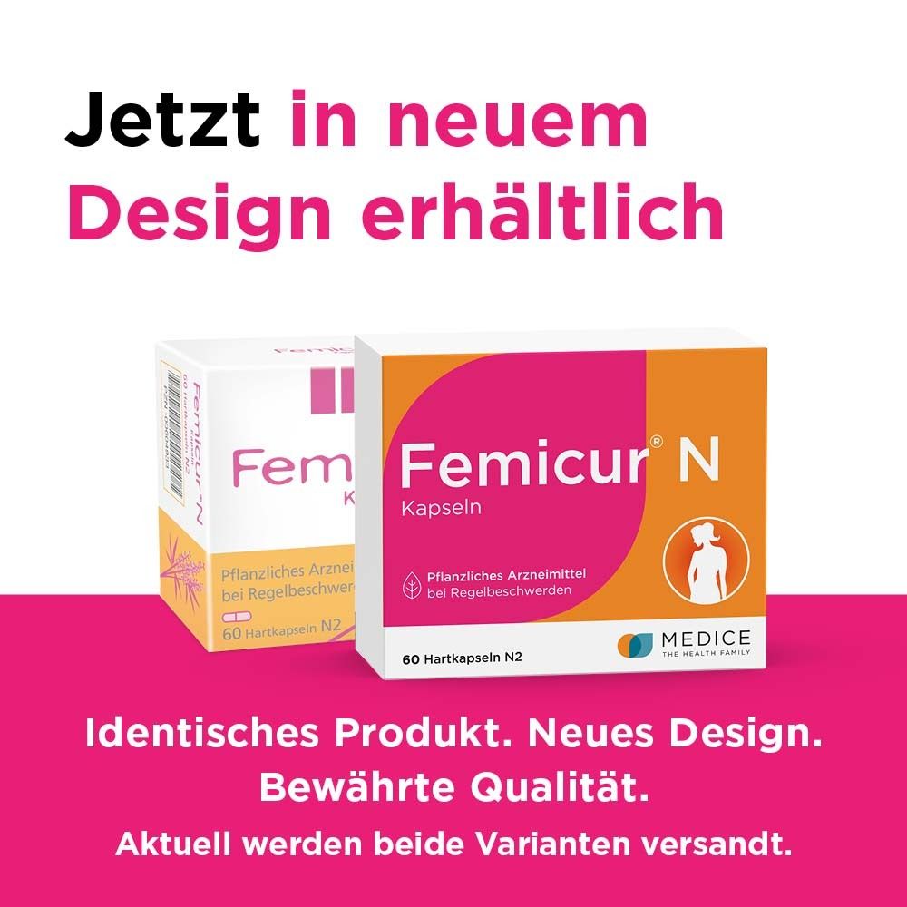 Zwei Femicur N Kapseln-Packungen. Weiß, pink und orange. 60 Hartkapseln. Neues Design.
