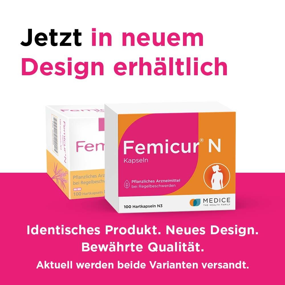 Werbung für Femicur N Kapseln. Zwei Packungen im neuen Design. Text: Identisches Produkt. Neues Design.