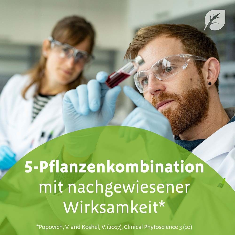 Zwei Wissenschaftler mit Reagenzglas. Text: 5-Pflanzenkombination mit nachgewiesener Wirksamkeit.