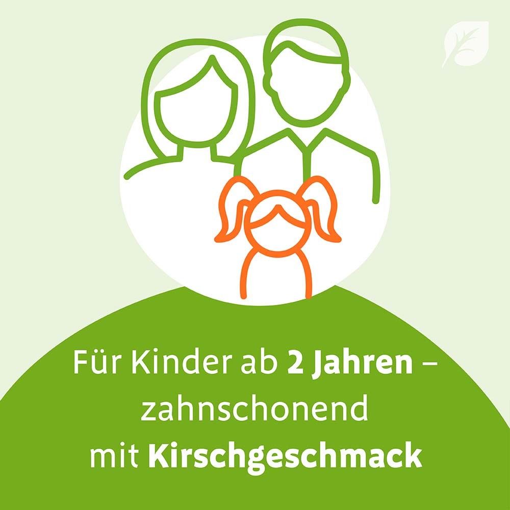 Grafik mit Familie. Text: Für Kinder ab 2 Jahren - zahnschonend mit Kirschgeschmack.
