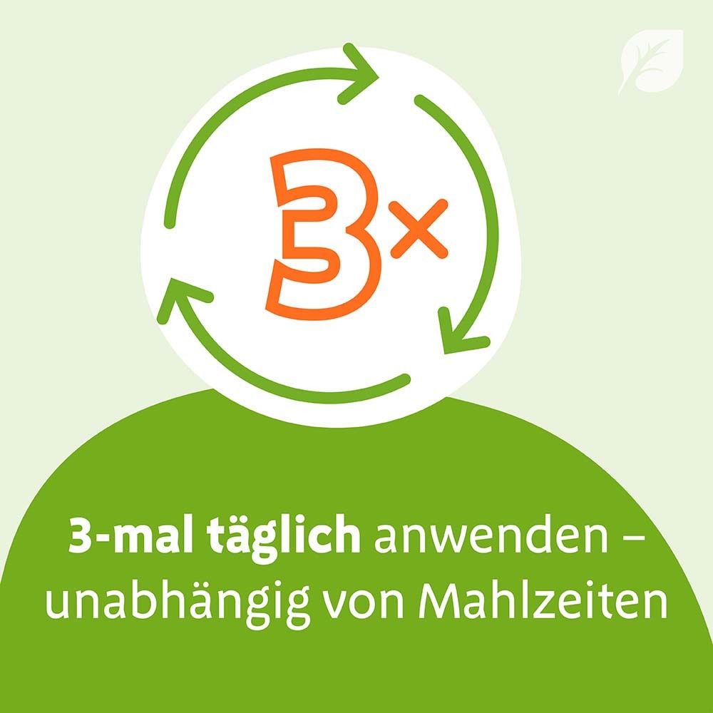 Grafik mit Pfeilen. Text: 3-mal täglich anwenden - unabhängig von Mahlzeiten.