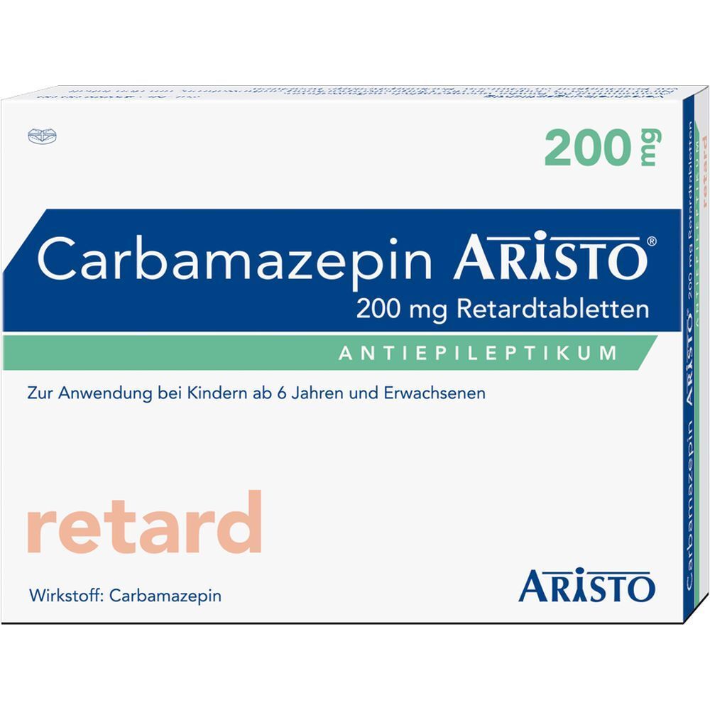 Schachtel mit Carbamazepin Aristo 200 mg Retardtabletten. Aufschrift: Antiepileptikum. Für Kinder ab 6 Jahren und Erwachsene.