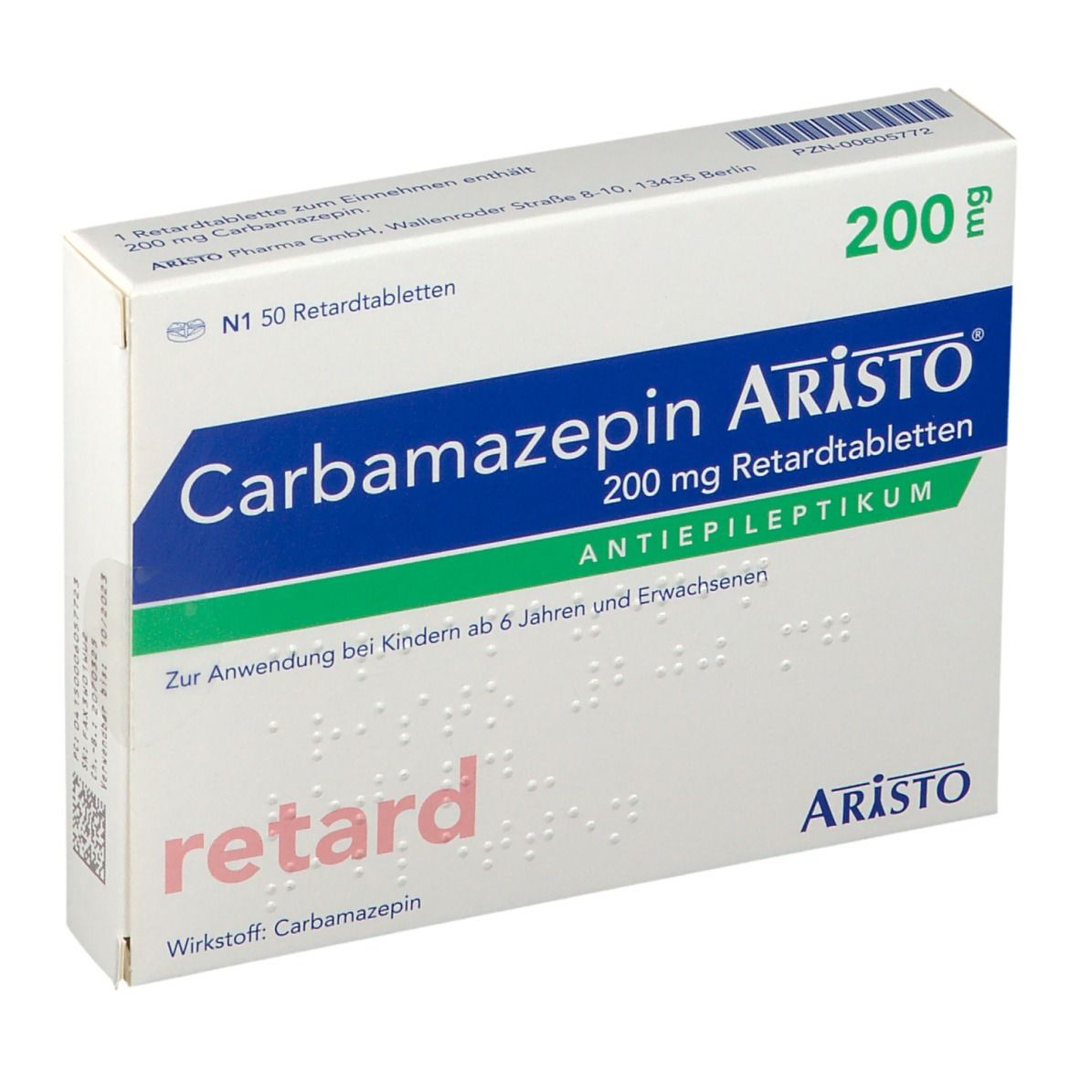 Schachtel Carbamazepin Aristo 200 mg Retardtabletten. Aufschrift: 200 mg, Antiepileptikum. Packung mit 50 Tabletten.