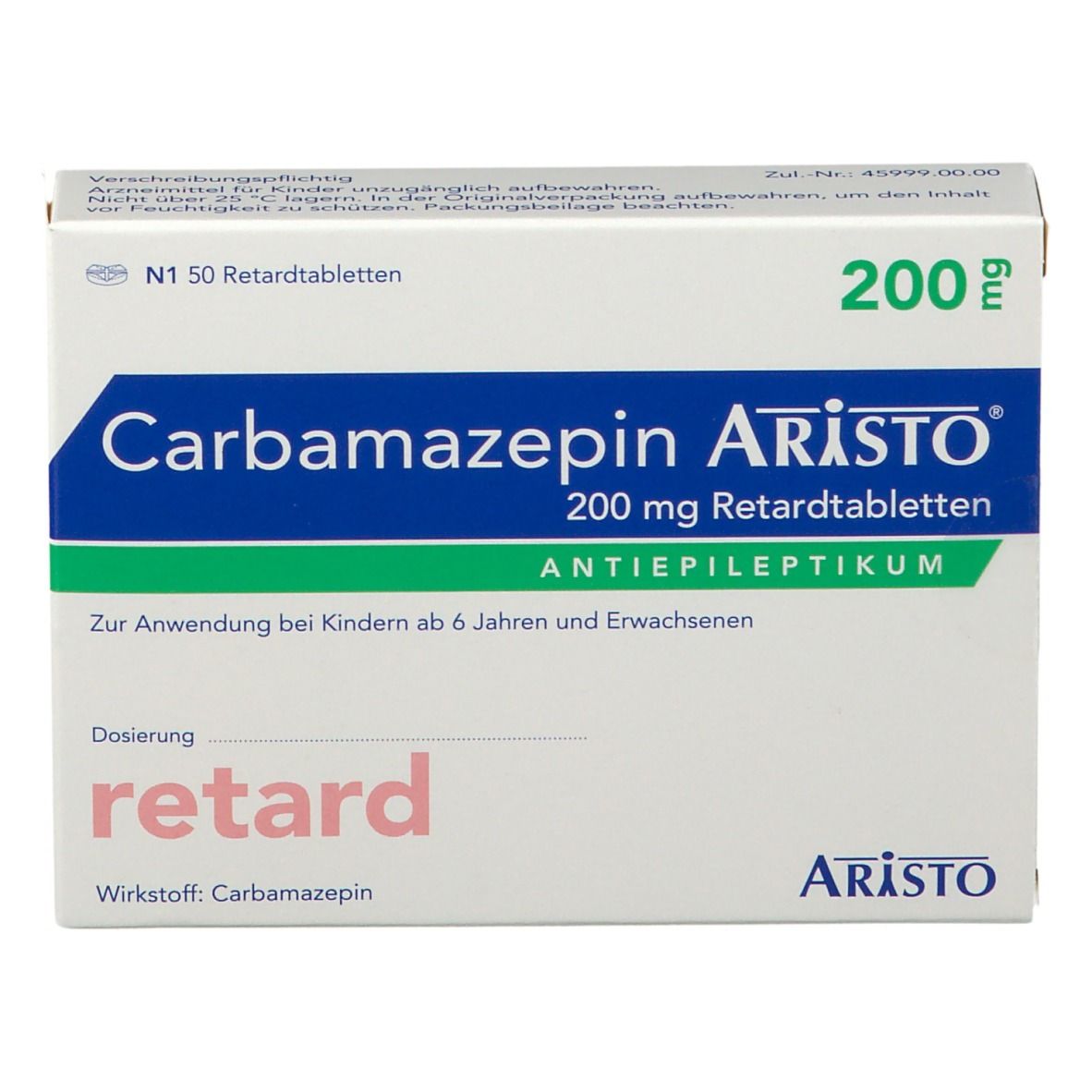 Schachtel Carbamazepin Aristo 200 mg Retardtabletten. Aufschrift: 200 mg, Antiepileptikum. Packung mit 50 Tabletten.