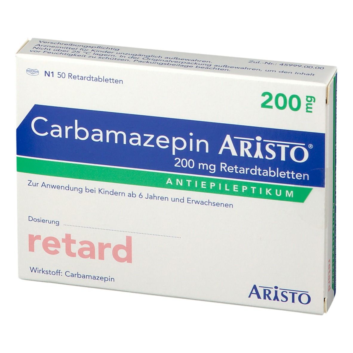 Schachtel Carbamazepin Aristo 200 mg Retardtabletten. Aufschrift: 200 mg, Antiepileptikum. Packung mit 50 Tabletten.