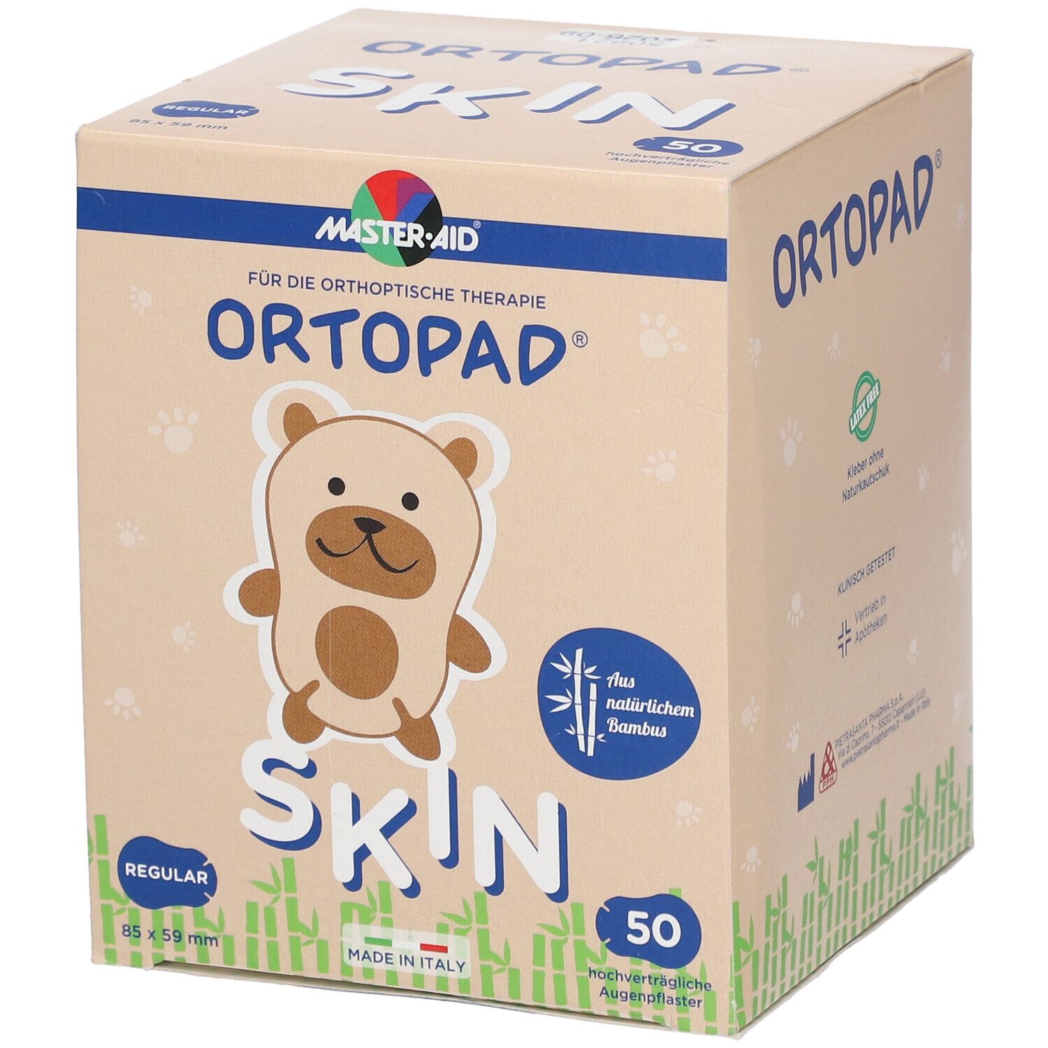 Karton mit Augenpflastern. Aufdruck: Ortopad Skin, 50 Stück. Mit Bären-Illustration. Größe: 85 x 59 mm. Aus natürlichem Bambus.