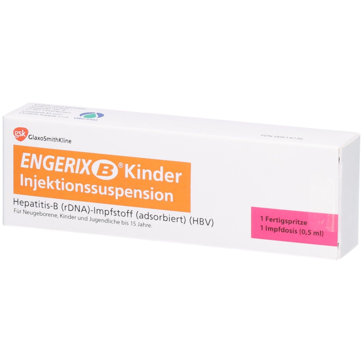 Weiße Schachtel mit ENGERIX B Kinder Injektionssuspension. Orangefarbener Schriftzug. Rosa Feld mit Text: 1 Fertigspritze, 1 Impfdosis (0,5 ml).