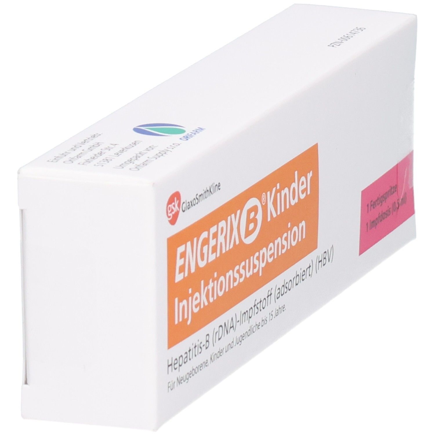 Schachtel ENGERIX B Kinder Injektionssuspension. Orangefarbener Schriftzug. Rosa Feld mit Text: 1 Fertigspritze, 1 Impfdosis (0,5 ml).