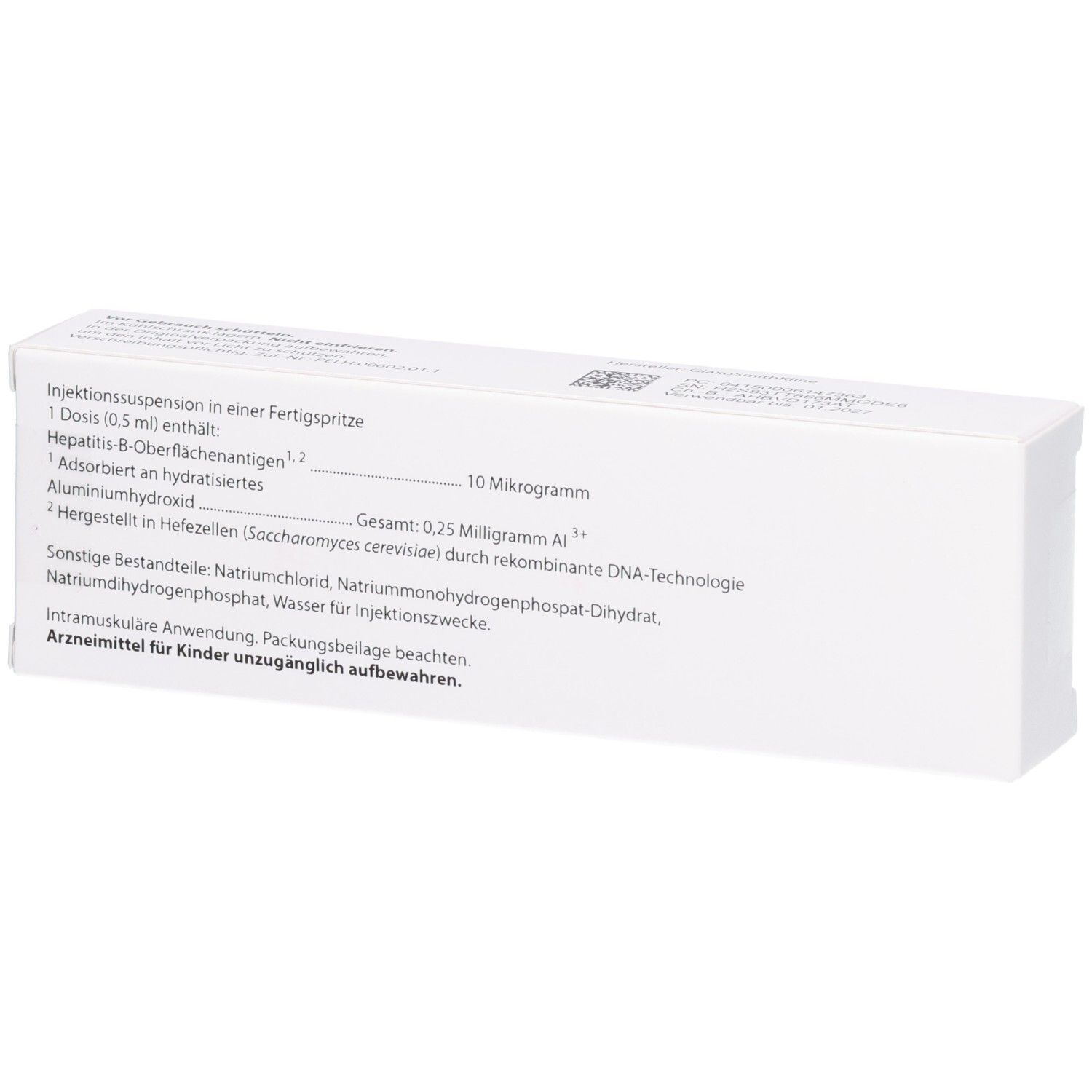 Weiße Schachtel mit Text. Enthält Informationen zu Inhaltsstoffen und Anwendung. Text in deutscher Sprache.