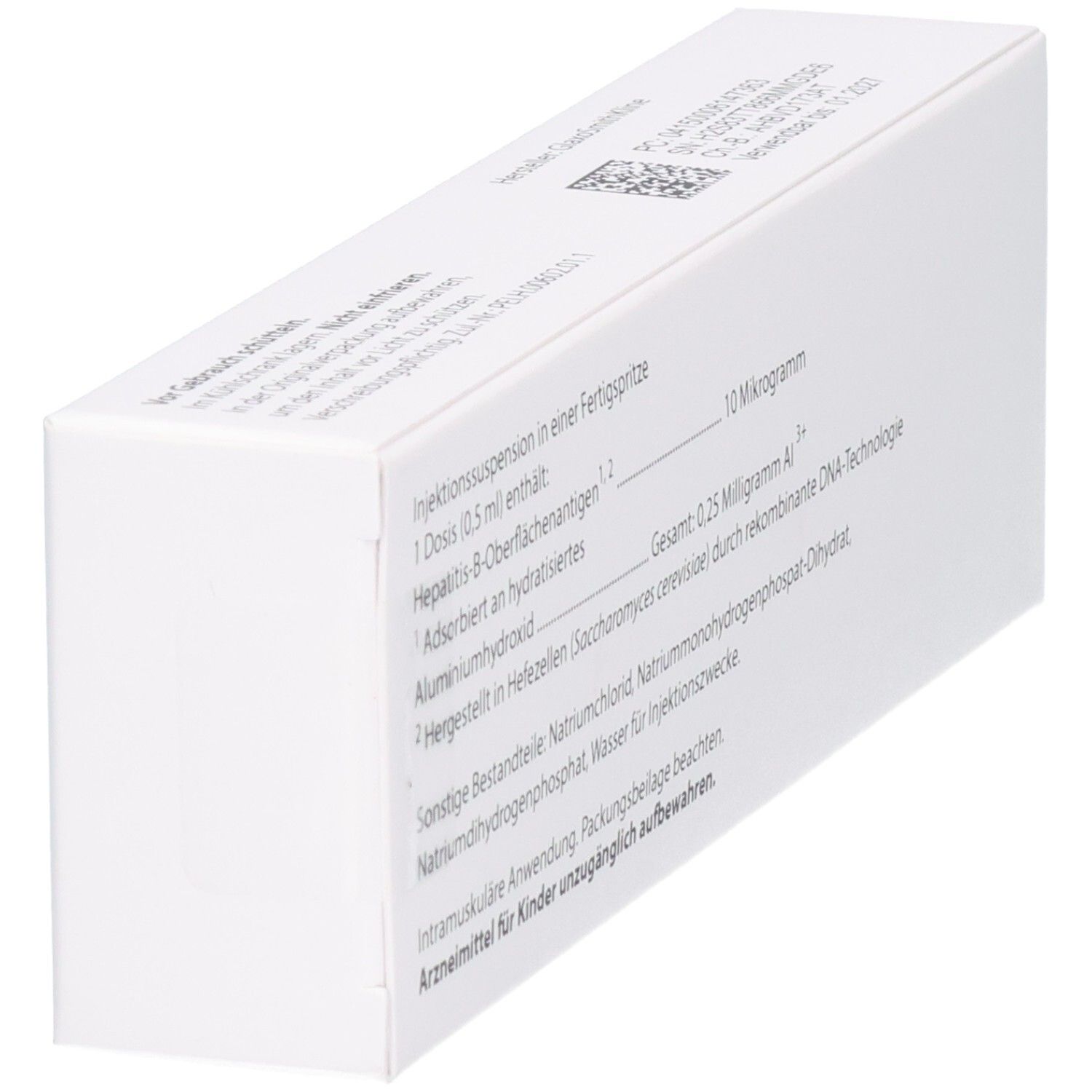 Weiße Schachtel mit Text. Enthält Informationen zu Inhaltsstoffen und Anwendung. Text in deutscher Sprache.