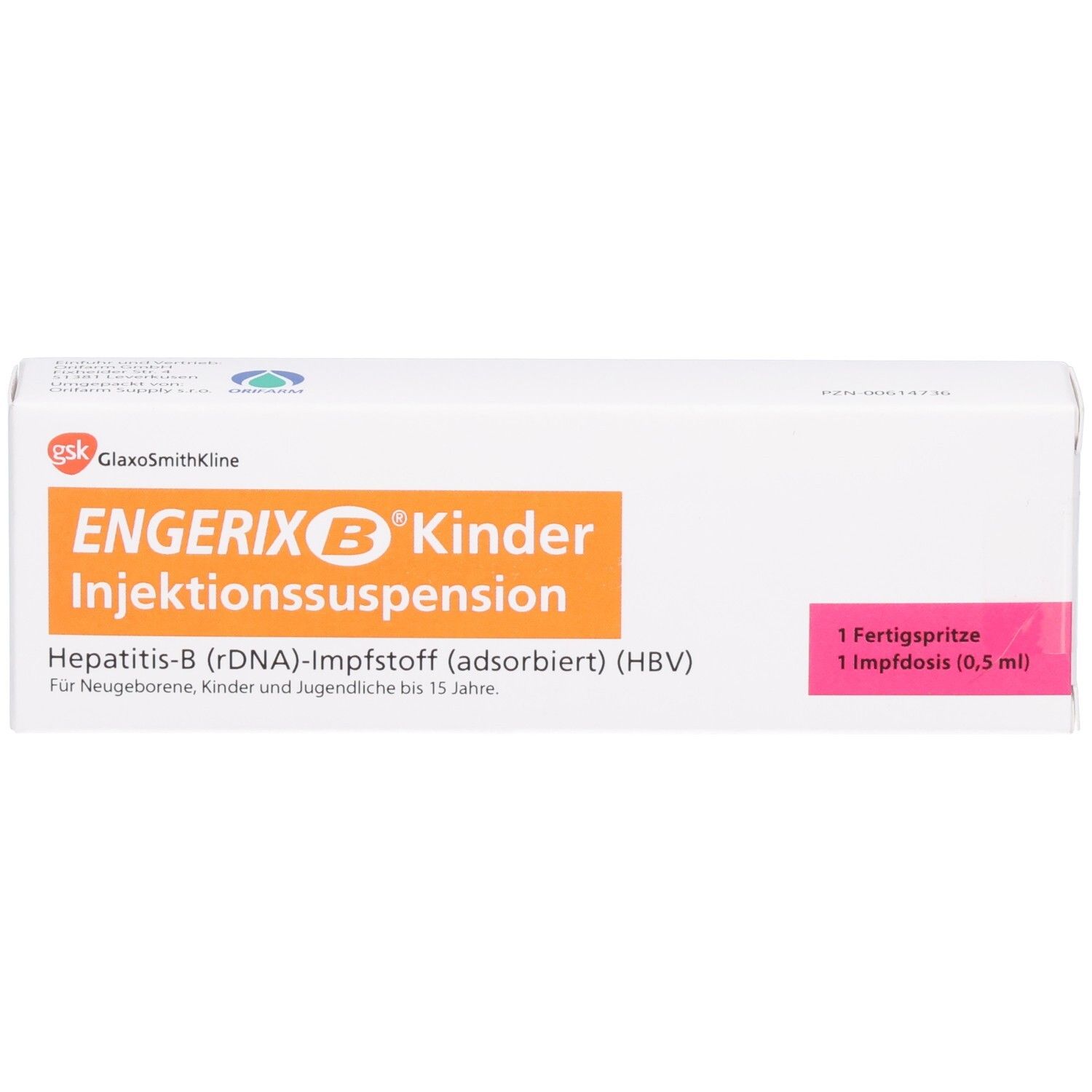Weiße Schachtel mit ENGERIX B Kinder Injektionssuspension. Orangefarbener Schriftzug. Rosa Feld mit Text: 1 Fertigspritze, 1 Impfdosis (0,5 ml).