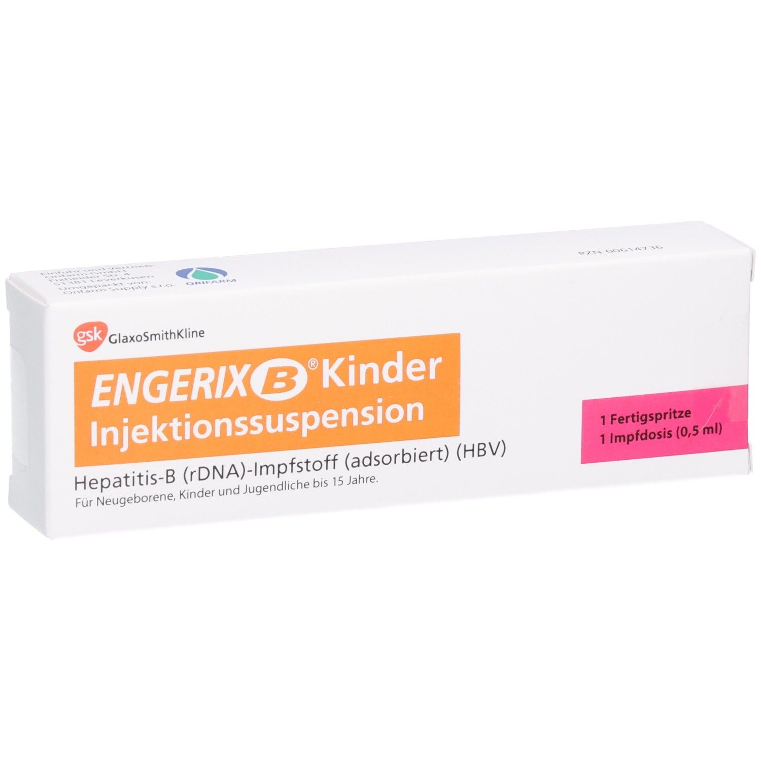 Weiße Schachtel mit ENGERIX B Kinder Injektionssuspension. Orangefarbener Schriftzug. Rosa Feld mit Text: 1 Fertigspritze, 1 Impfdosis (0,5 ml).