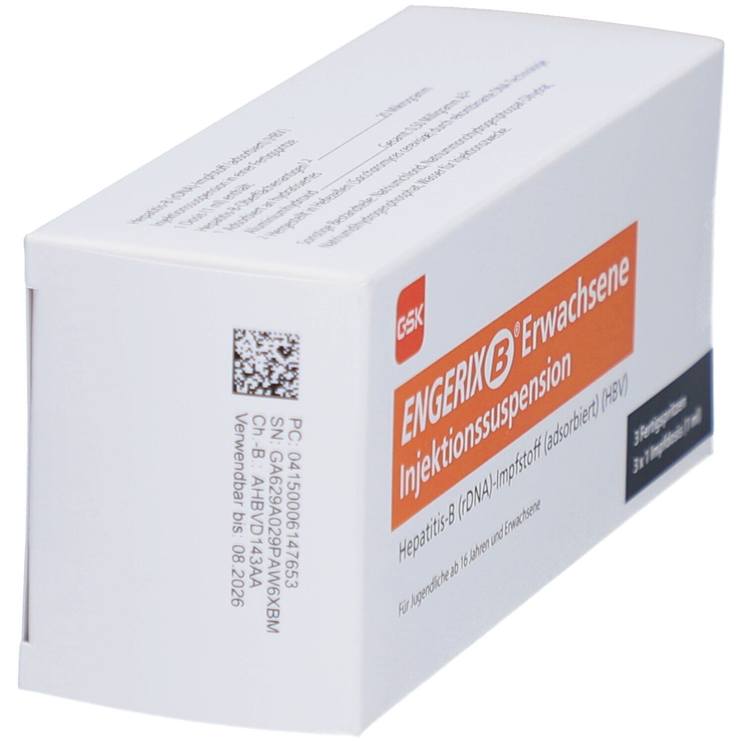 Schrägansicht der Verpackung von Engerix B Erwachsene. Aufdruck: Hepatitis-B Impfstoff. Mit Barcode und Verfallsdatum.