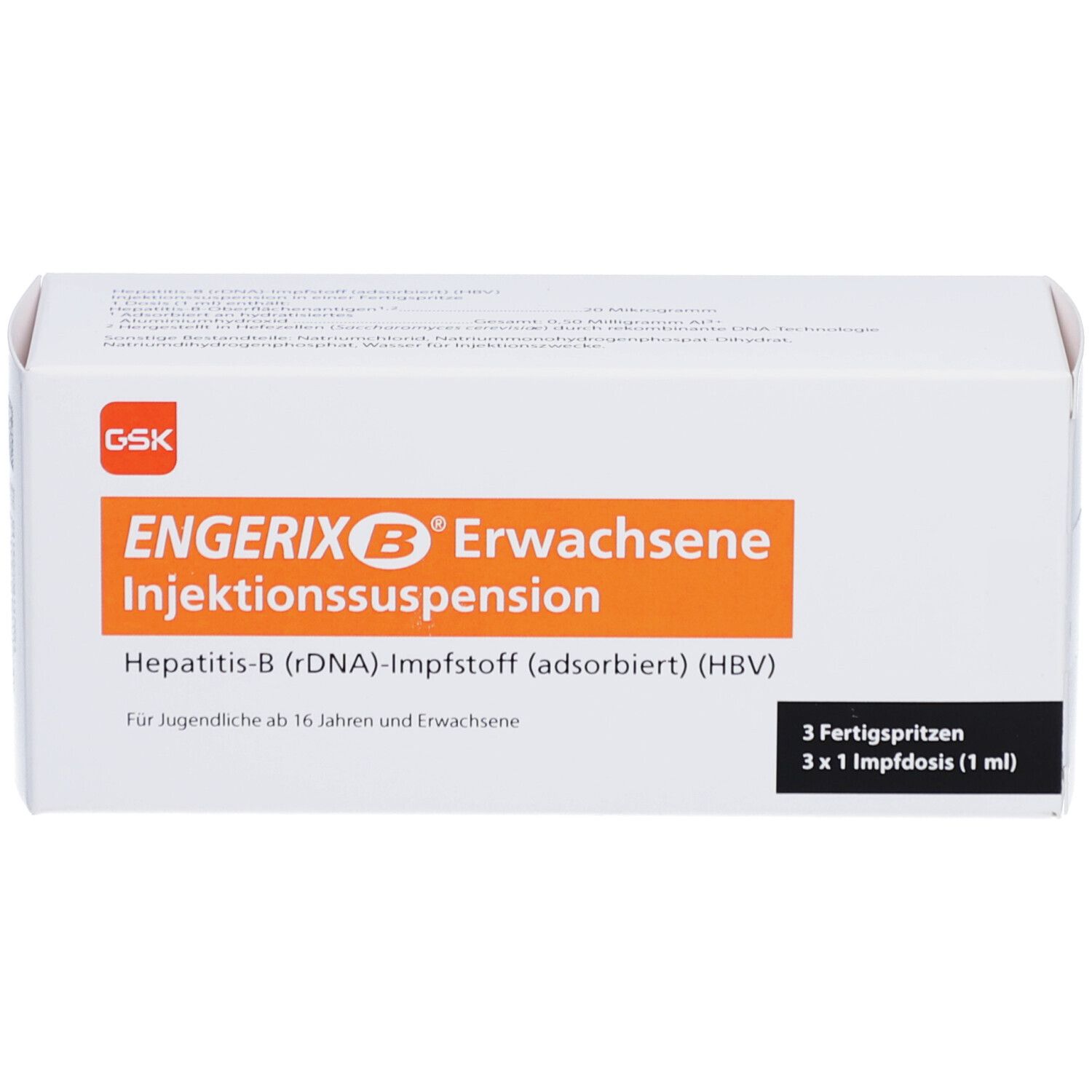Karton von Engerix B Erwachsene Injektionssuspension. Enthält 3 Fertigspritzen. Aufdruck: Hepatitis-B Impfstoff.