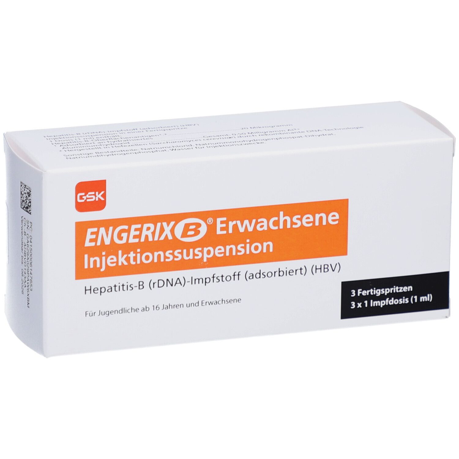 Karton von Engerix B Erwachsene Injektionssuspension. Enthält 3 Fertigspritzen. Aufdruck: Hepatitis-B Impfstoff.