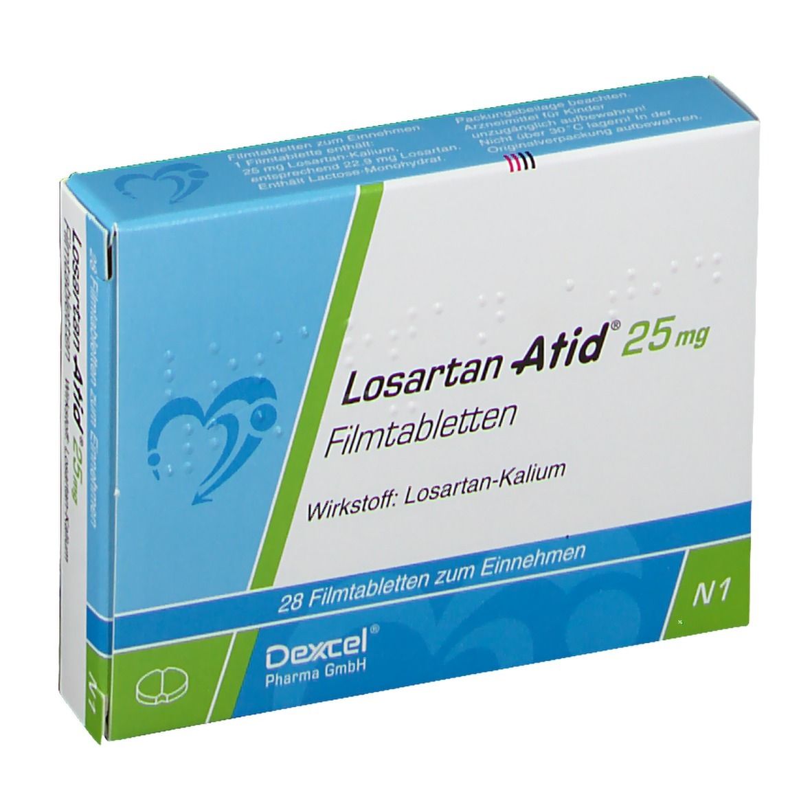 Blau-weiße Schachtel mit Losartan Atid 25 mg. Enthält 28 Filmtabletten. Text: Wirkstoff: Losartan-Kalium.