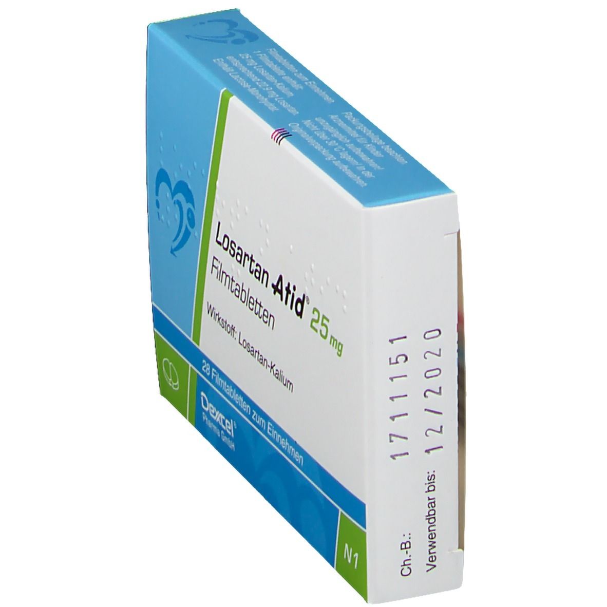 Schachtel Losartan Atid 25 mg, Seitenansicht. Text: 28 Filmtabletten. Verwendbar bis: 12/2020.
