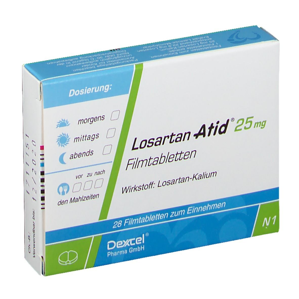 Schachtel Losartan Atid 25 mg. Dosierungshinweise. Text: 28 Filmtabletten. Wirkstoff: Losartan-Kalium.