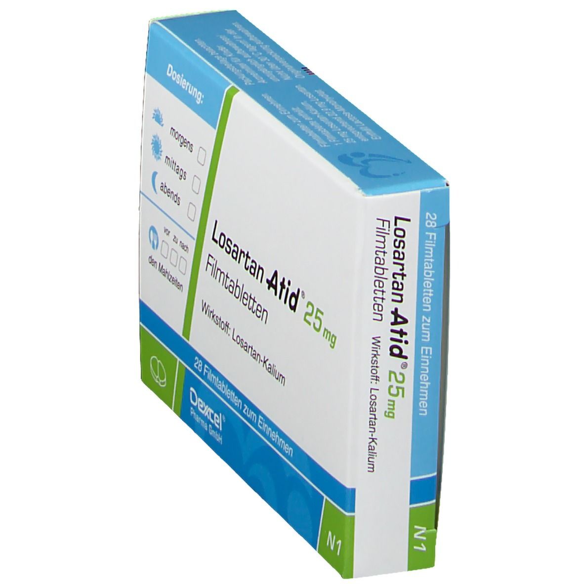 Schachtel Losartan Atid 25 mg, Seitenansicht. Text: 28 Filmtabletten. Wirkstoff: Losartan-Kalium.