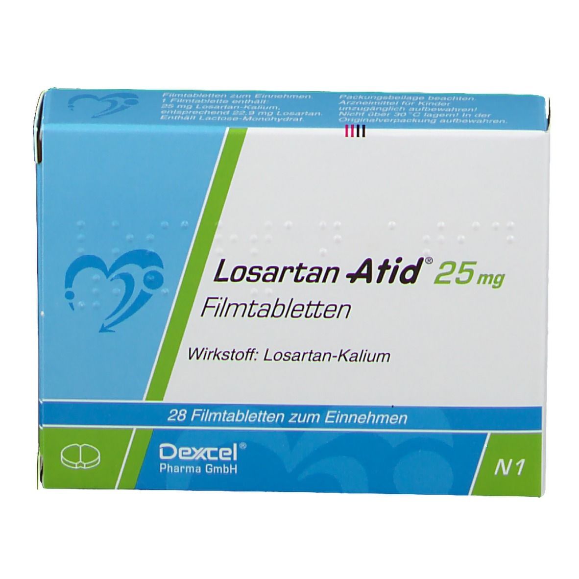 Blau-weiße Schachtel Losartan Atid 25 mg. Text: 28 Filmtabletten. Wirkstoff: Losartan-Kalium.