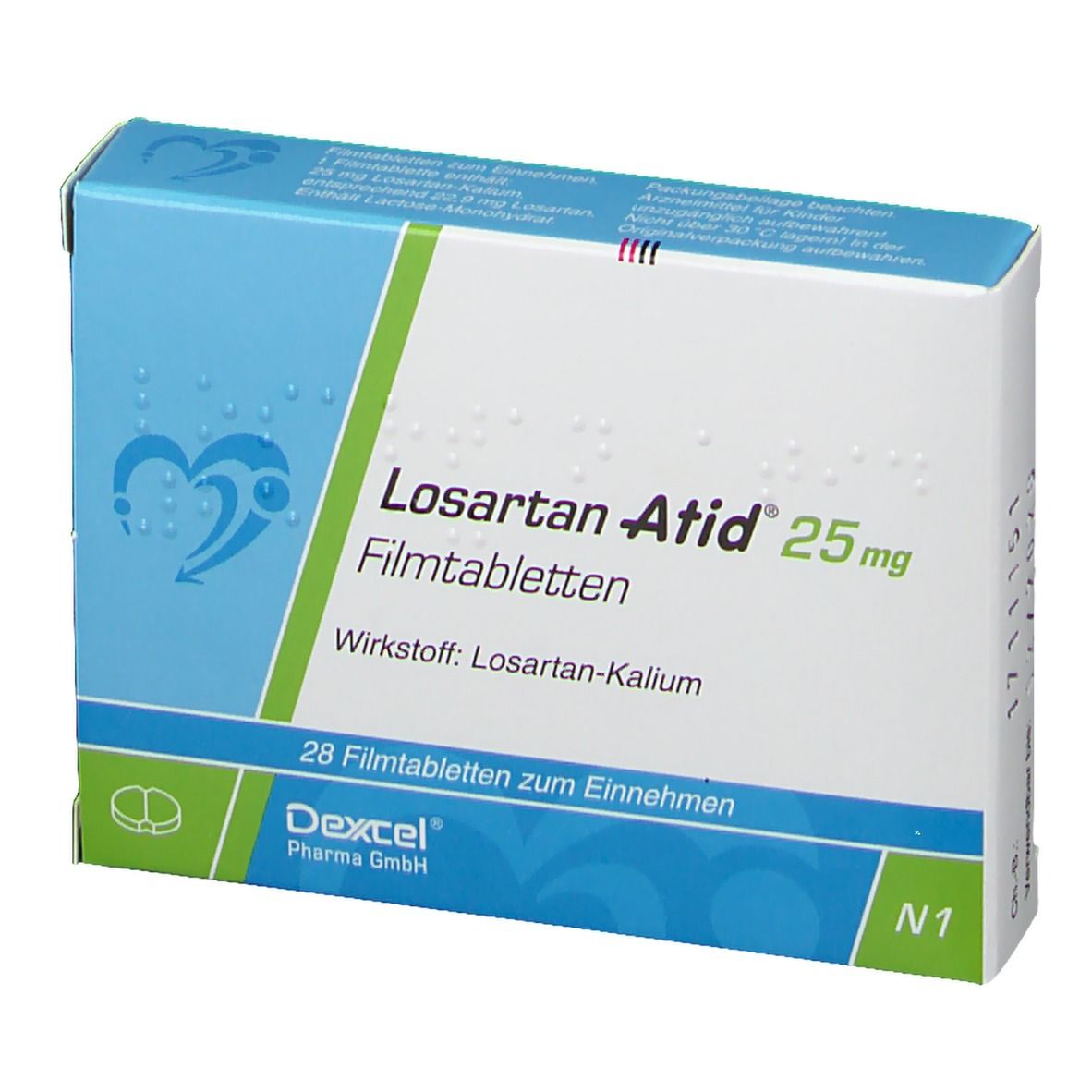 Blau-weiße Schachtel Losartan Atid 25 mg. Text: 28 Filmtabletten. Wirkstoff: Losartan-Kalium.