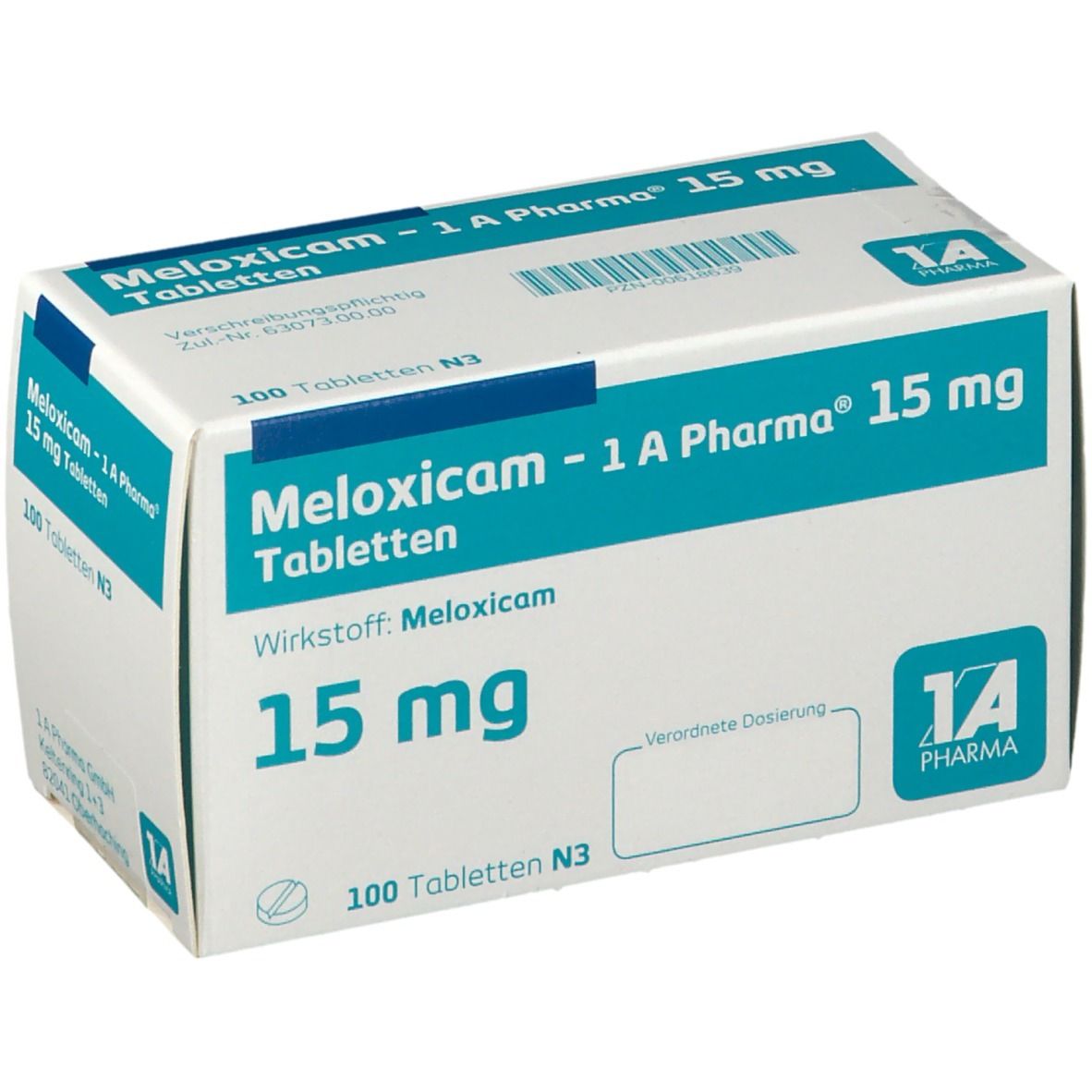 Schachtel Meloxicam - 1 A Pharma 15 mg Tabletten. Blaue und weiße Verpackung. Text: 15 mg, 100 Tabletten N3.