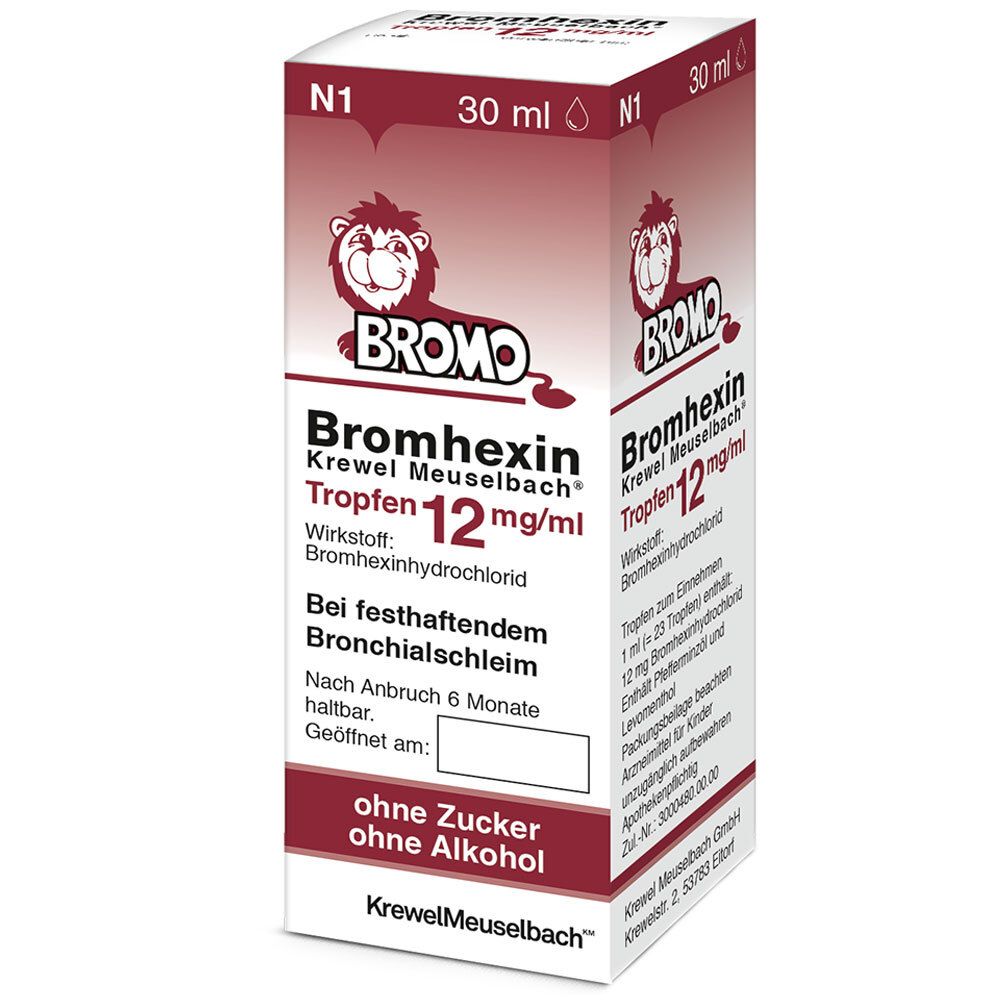 Karton mit Bromhexin Krewel Meuselbach Tropfen 12mg/ml. Roter Löwe, Produktname, Inhaltsstoffe, ohne Zucker, ohne Alkohol.