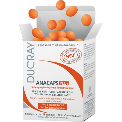 Weißer Karton mit orangefarbenen Kapseln. Aufschrift: DUCRAY ANACAPS PLUS. Nahrungsergänzungsmittel für Haare & Nägel. Mit Aminosäuren.