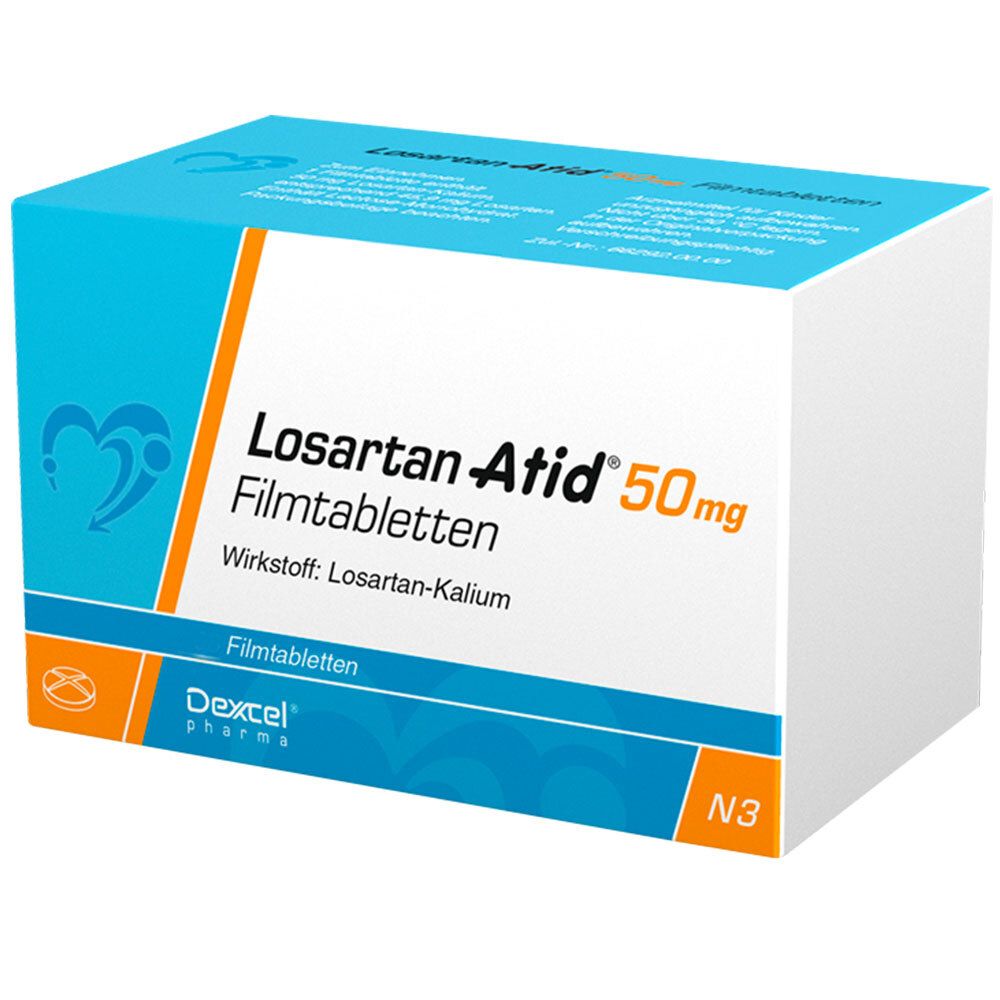 Verpackung von Losartan-Atid 50 mg Filmtabletten. Blaue und weiße Schachtel mit Produktnamen, Dosierung und Wirkstoff.