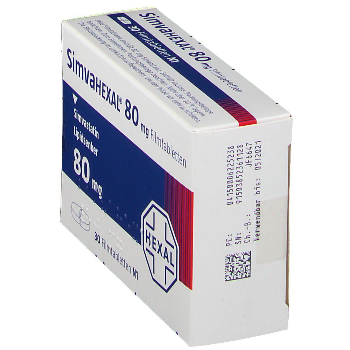 Schachtel SimvaHEXAL 80 mg Filmtabletten. Aufschrift: Simvastatin, Lipid senker, 80 mg, 30 Filmtabletten N1. HEXAL Logo. Seitenansicht.