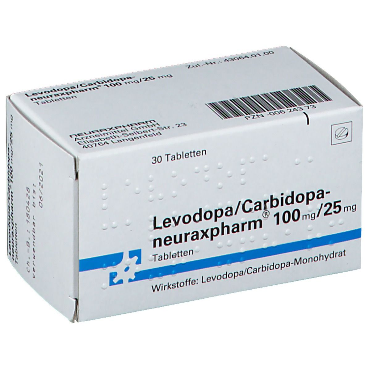 Schachtel mit Tabletten. Aufschrift: Levodopa/Carbidopa-neuraxpharm 100 mg/25 mg. 30 Tabletten. Herstellerinformationen.