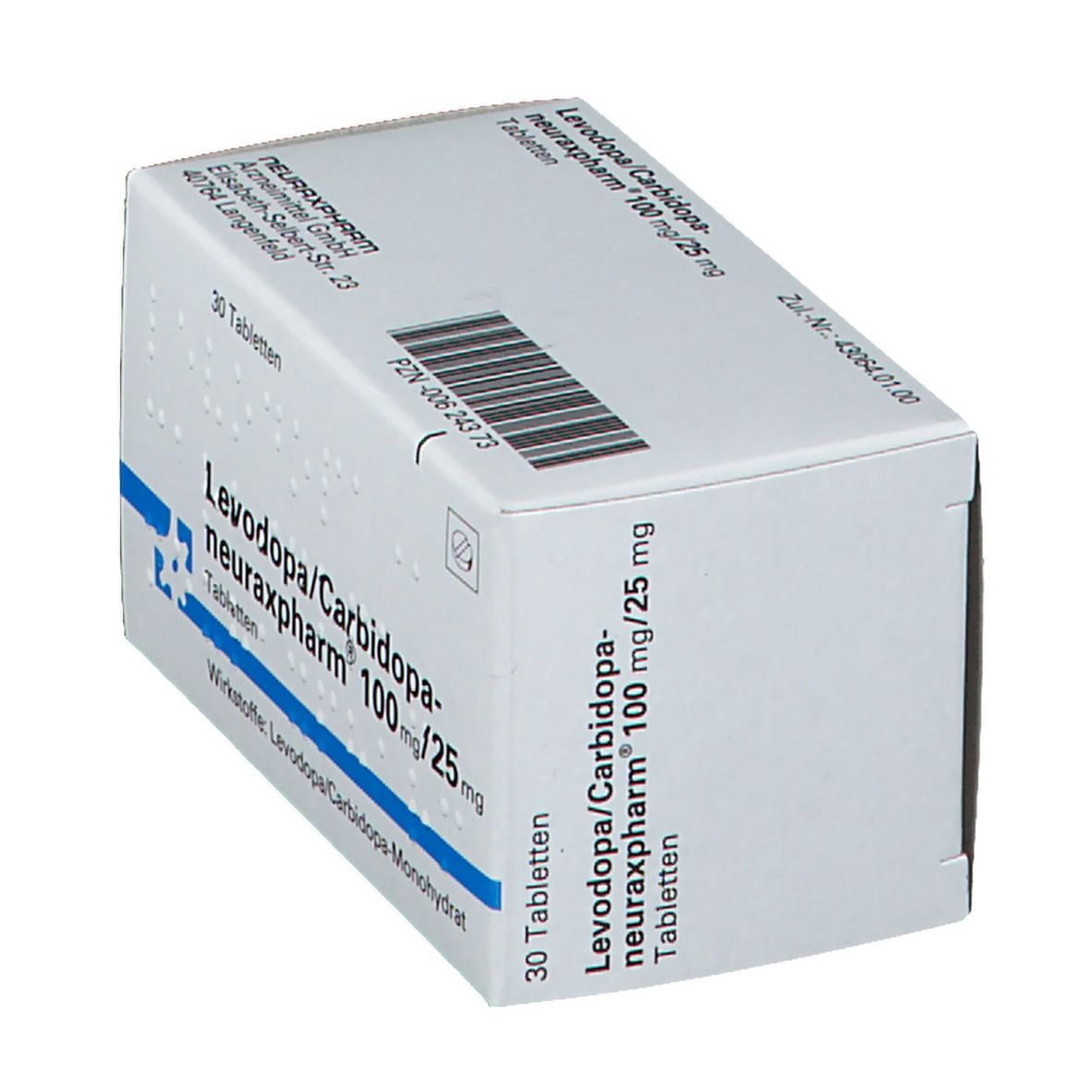 Schachtel mit Tabletten, schräg. Aufschrift: Levodopa/Carbidopa-neuraxpharm 100 mg/25 mg. 30 Tabletten. Herstellerinformationen.