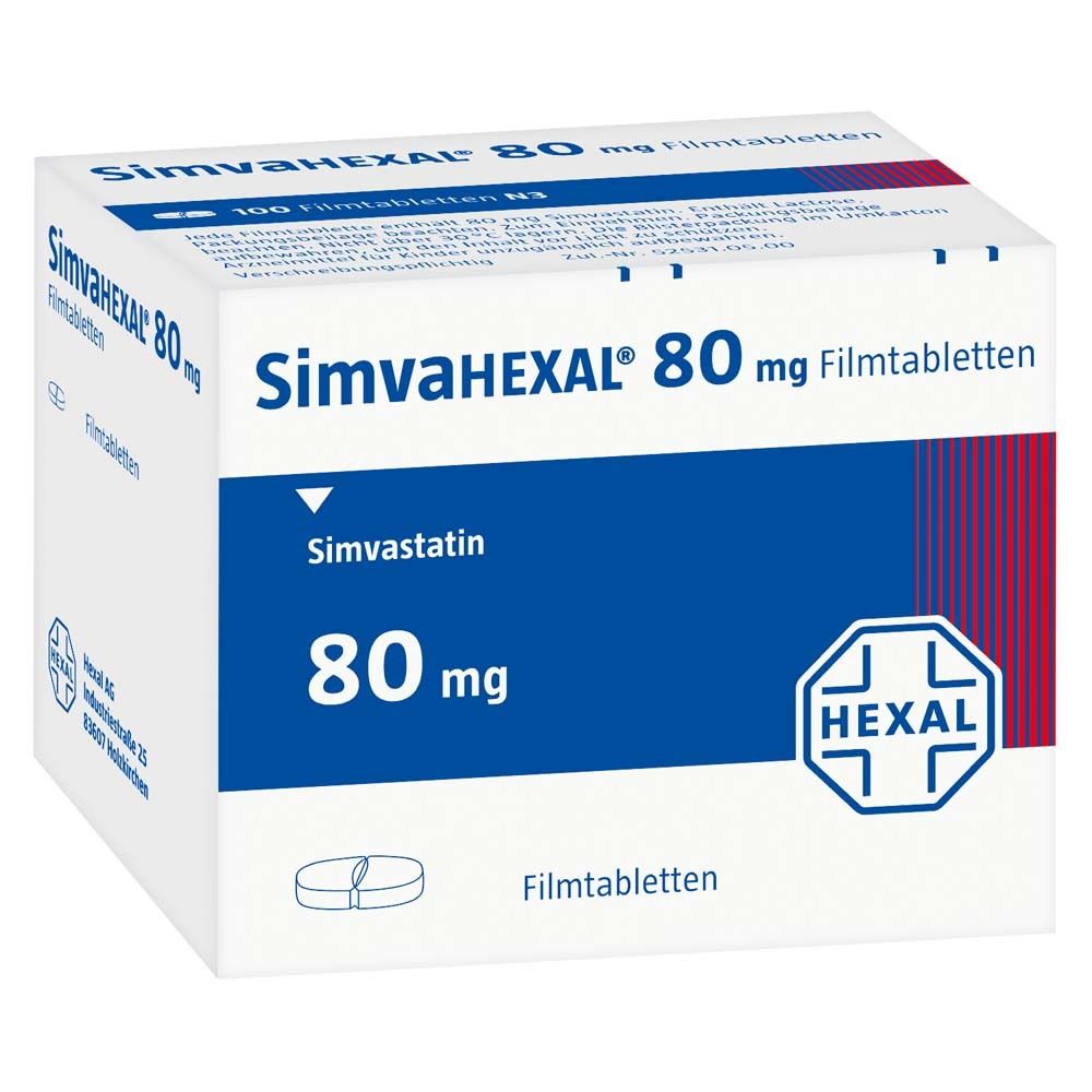 Schachtel SimvaHEXAL 80 mg Filmtabletten. Aufschrift: Simvastatin, 80 mg, HEXAL Logo. Weiße Verpackung mit blauer Fläche.