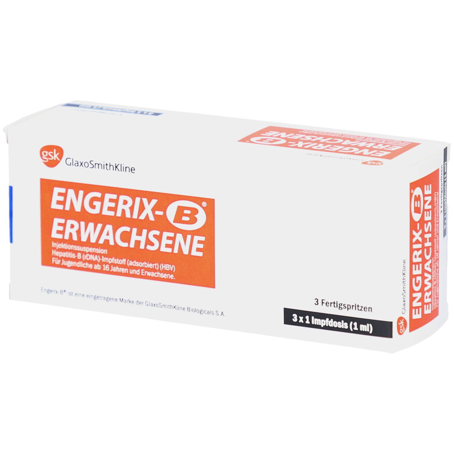Weiße Faltschachtel mit rotem Schriftfeld. Aufschrift: Engerix-B Erwachsene. 3 Fertigspritzen. Gsk Logo.