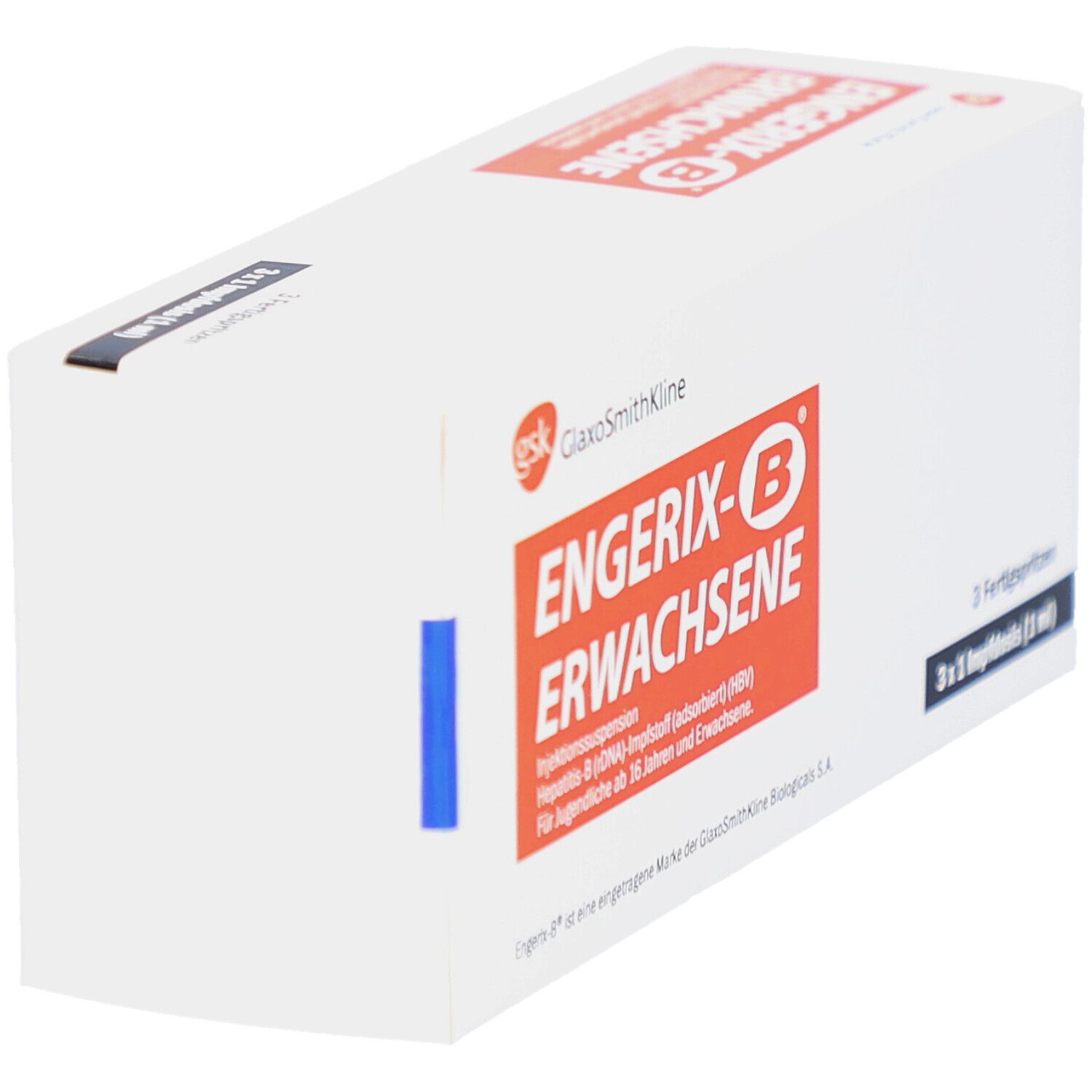 Weiße Faltschachtel mit rotem Schriftfeld. Aufschrift: Engerix-B Erwachsene. Gsk Logo. Blaue Markierung.