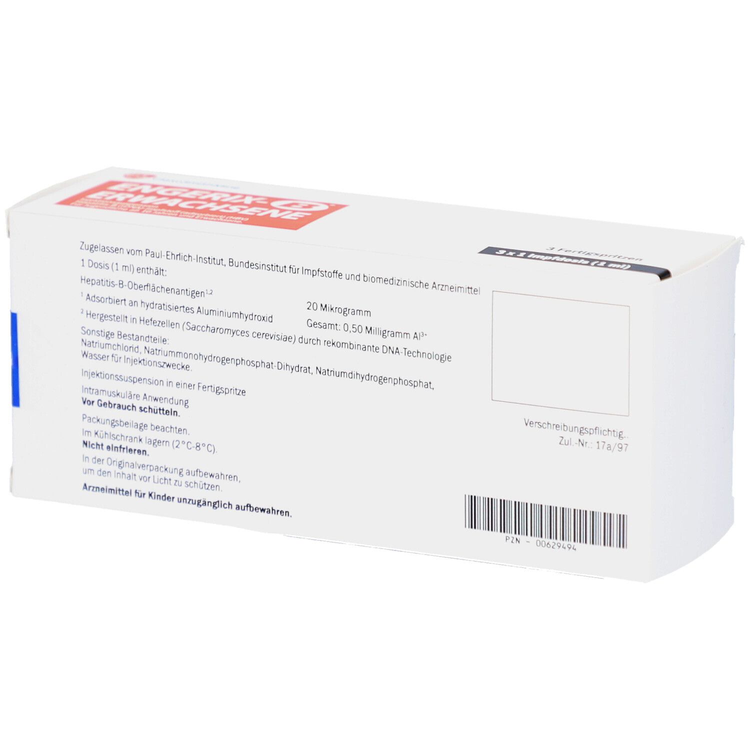 Rückseite der weißen Faltschachtel. Text: Paul-Ehrlich-Institut. Inhaltsstoffe. Barcode. Chargennummer.