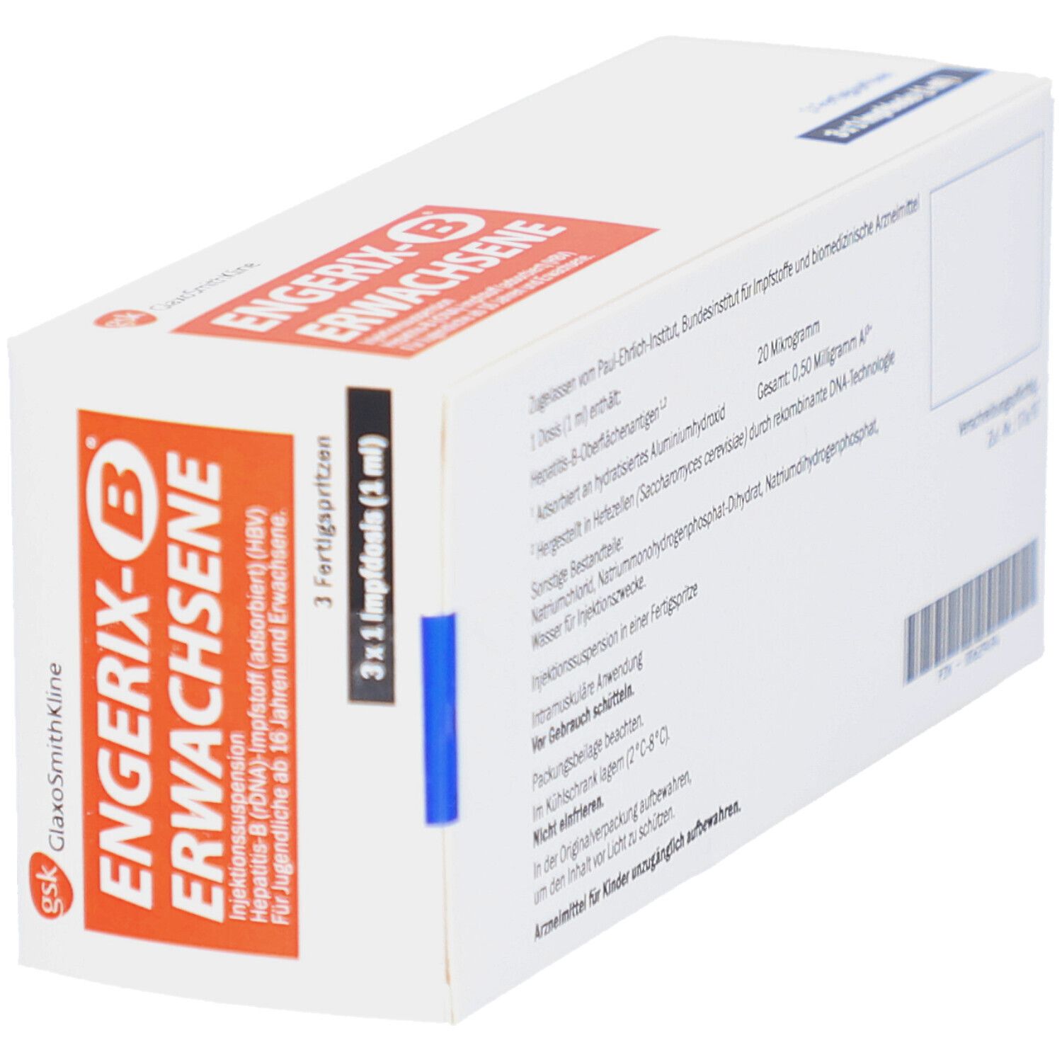 Weiße Faltschachtel mit rotem Schriftfeld. Aufschrift: Engerix-B Erwachsene. 3 Fertigspritzen. Gsk Logo.