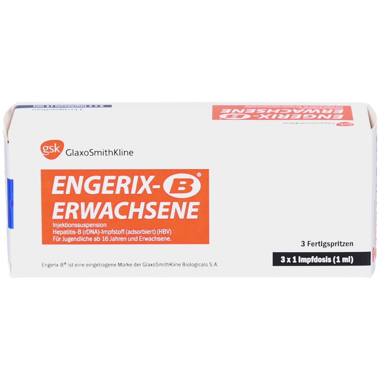 Weiße Faltschachtel mit rotem Schriftfeld. Aufschrift: Engerix-B Erwachsene. 3 Fertigspritzen. Gsk Logo.
