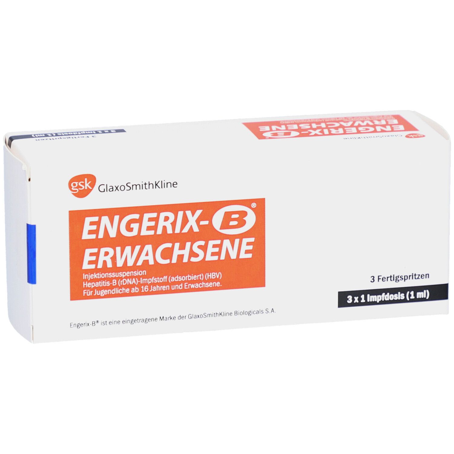 Weiße Faltschachtel mit rotem Schriftfeld. Aufschrift: Engerix-B Erwachsene. 3 Fertigspritzen. Gsk Logo.