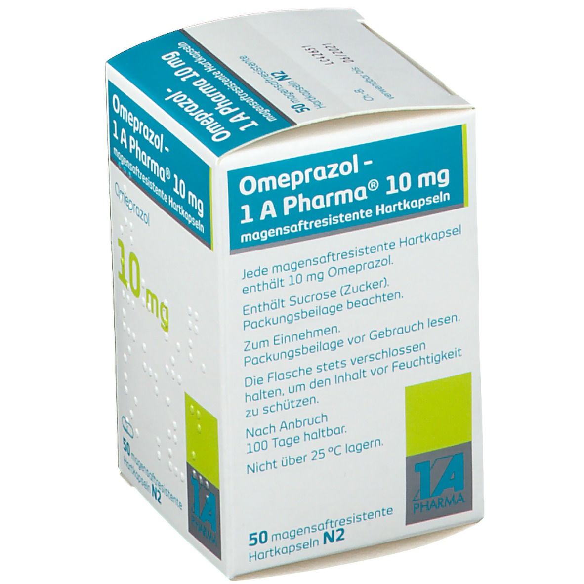 Schachtel mit Omeprazol 10 mg Hartkapseln. Aufschrift: 1 A Pharma. Grün-weiße Verpackung. 50 magensaftresistente Kapseln.