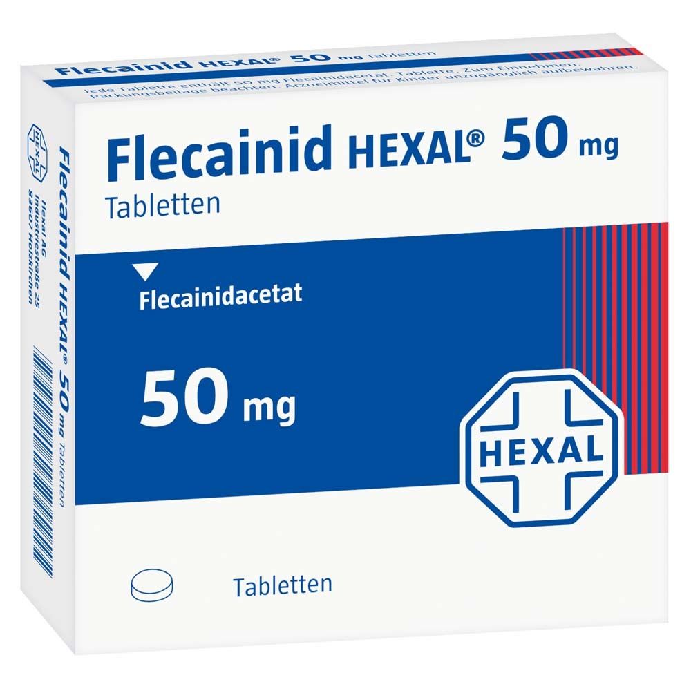 Schachtel mit Flecainid HEXAL 50 mg Tabletten. Blaue Schrift auf weißem Grund. HEXAL-Logo.