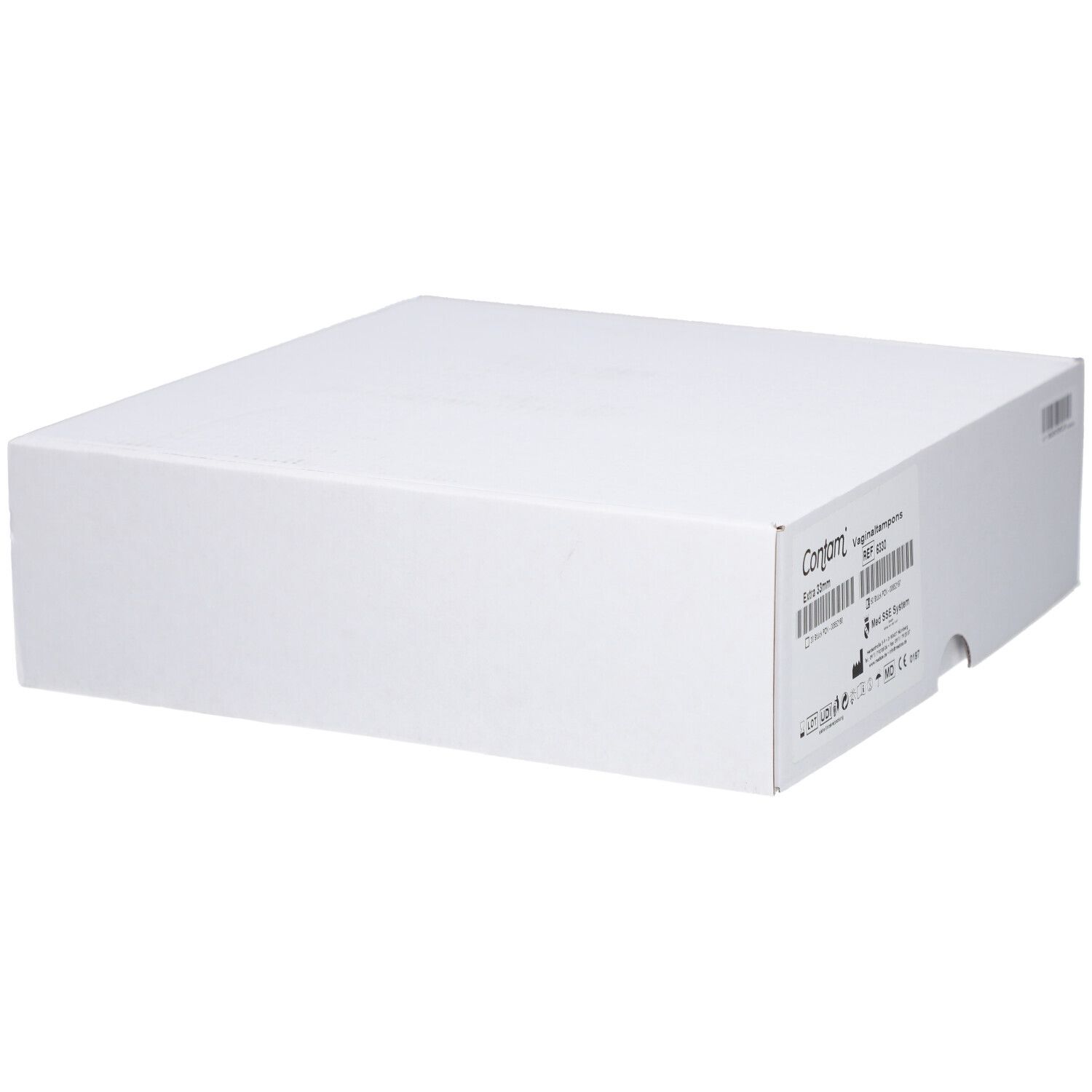 Weiße, quadratische Verpackung. Auf der Seite Barcode und Produktinformationen. Produktname: Contam Vaginaltampons.