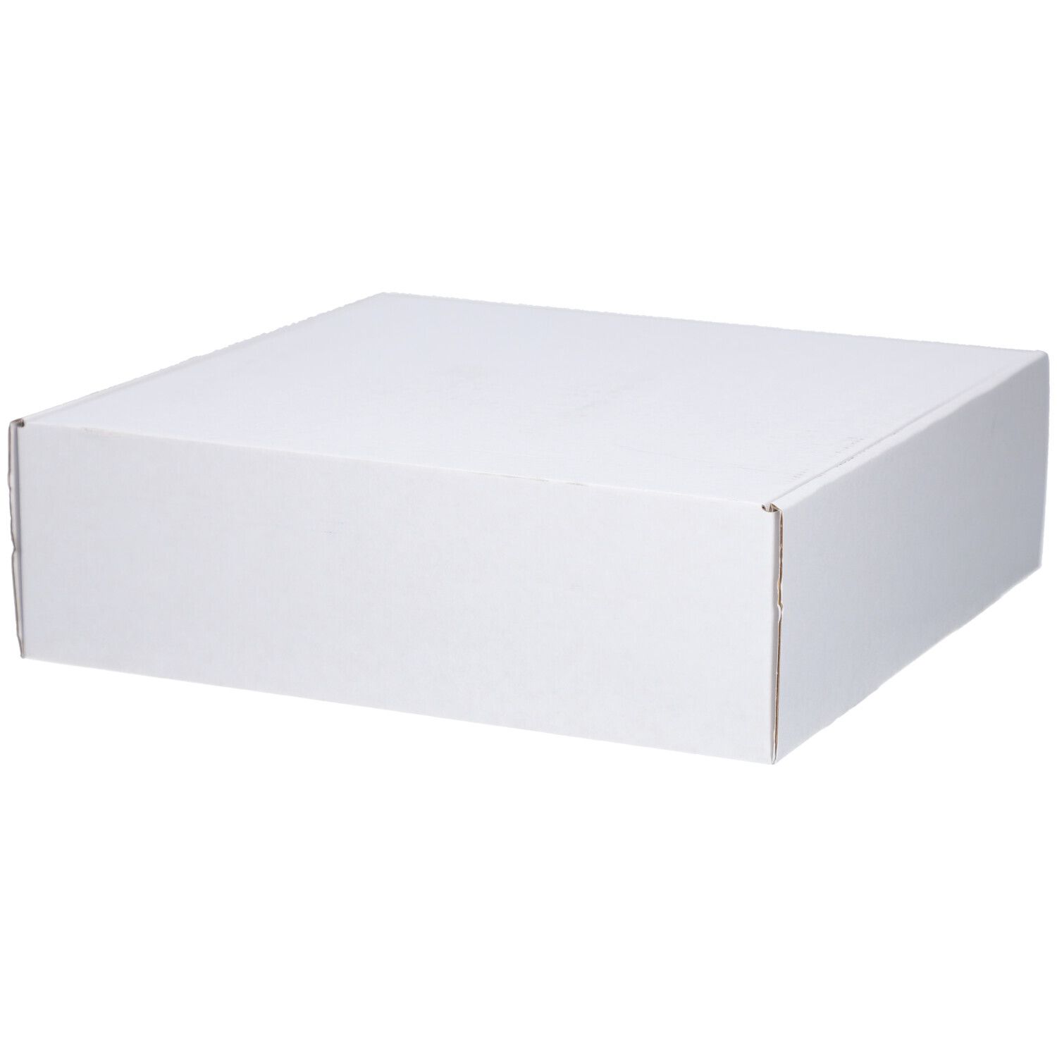 Geschlossene, weiße, quadratische Verpackung. Keine sichtbaren Produktinformationen oder Kennzeichnungen.