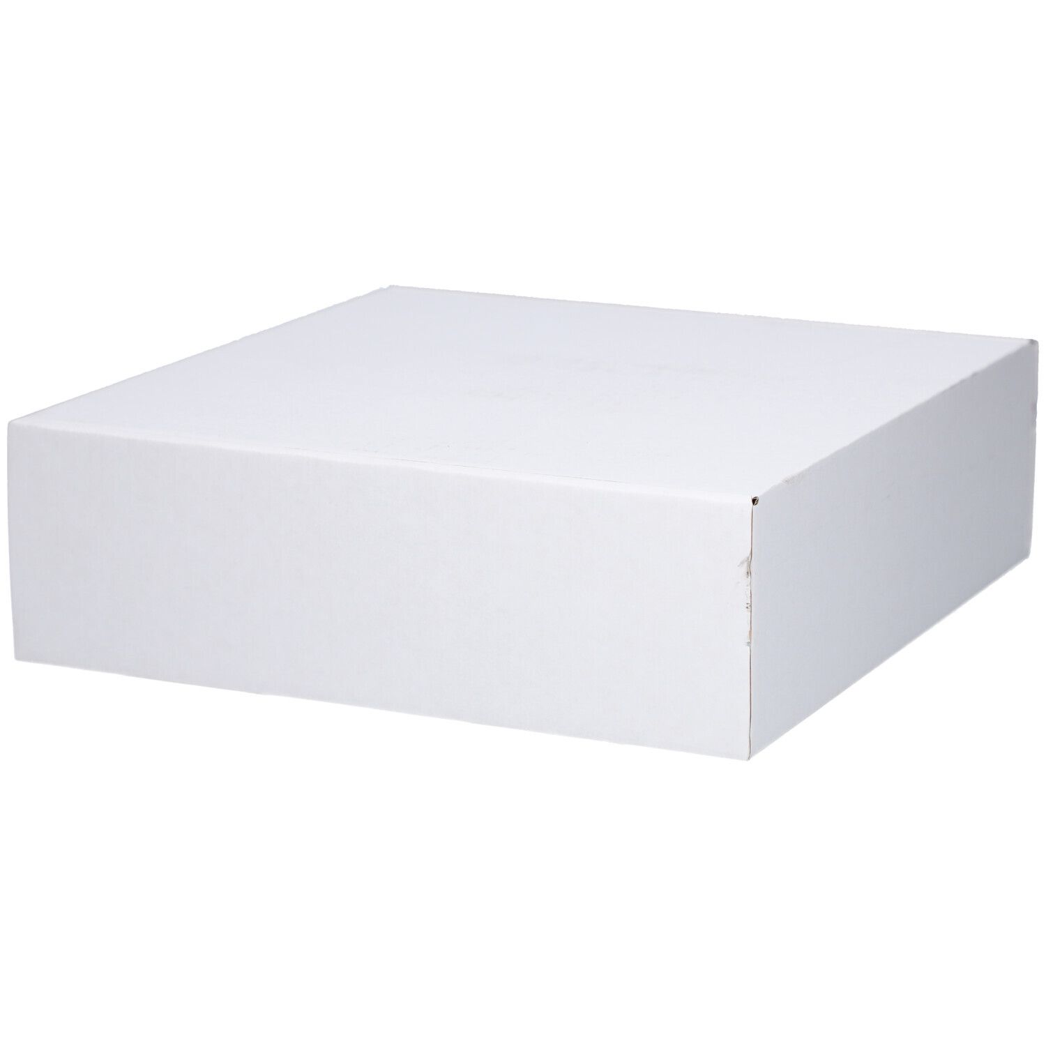Geschlossene, weiße, quadratische Verpackung. Keine sichtbaren Produktinformationen oder Kennzeichnungen.