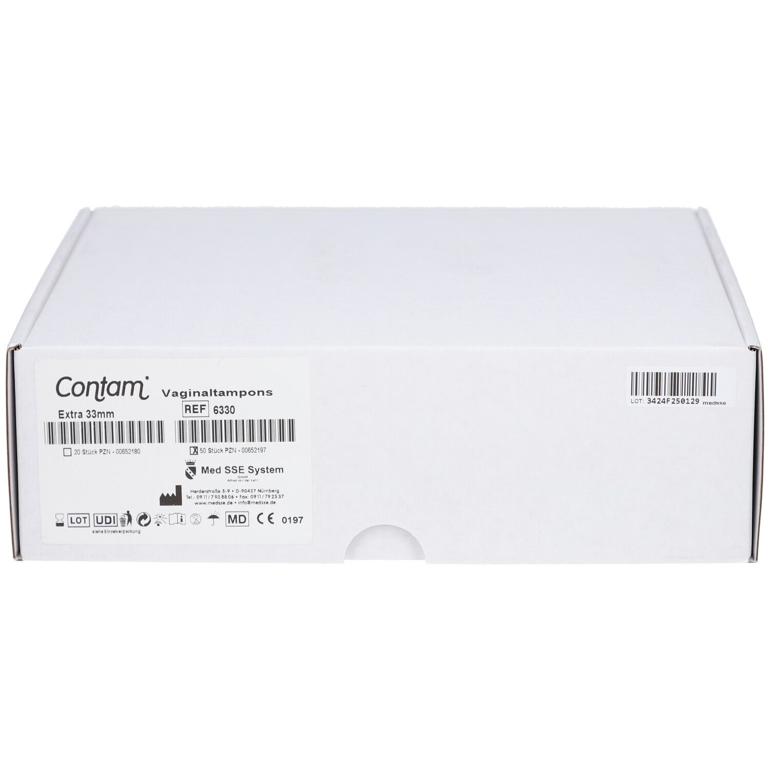 Weiße Verpackung mit Produktinformationen. Aufschrift: Contam Vaginaltampons Extra 33mm. Barcode und weitere Kennzeichnungen.
