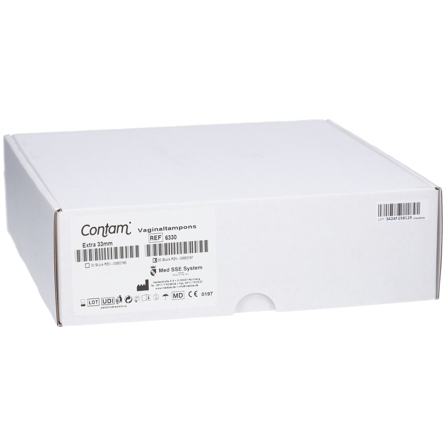 Weiße Verpackung mit Produktinformationen. Aufschrift: Contam Vaginaltampons Extra 33mm. Barcode und weitere Kennzeichnungen.