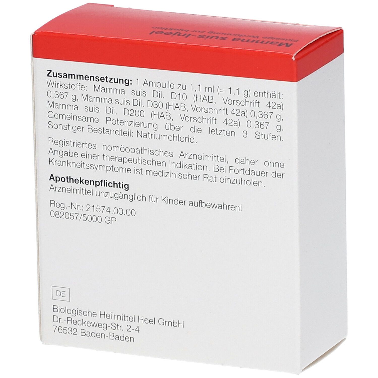 Rückseite der weißen Schachtel mit rotem Deckel. Text: Zusammensetzung, Wirkstoffe, Apothekenpflichtig, Herstelleradresse. Marke: Heel.